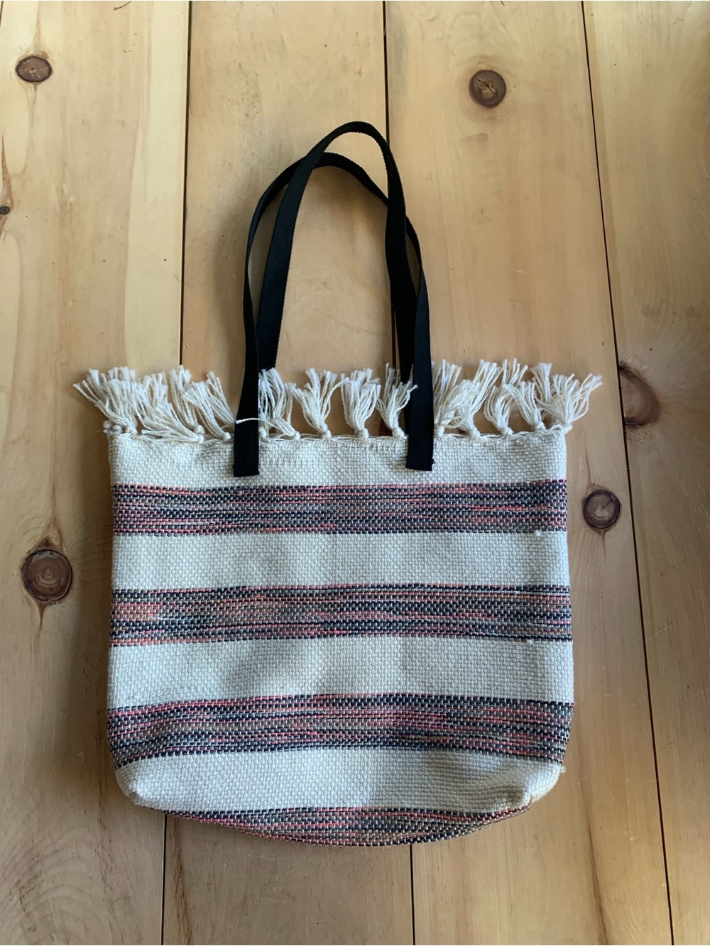 Fringed Striped Woven Tote in Cream and Black with Pink Accents